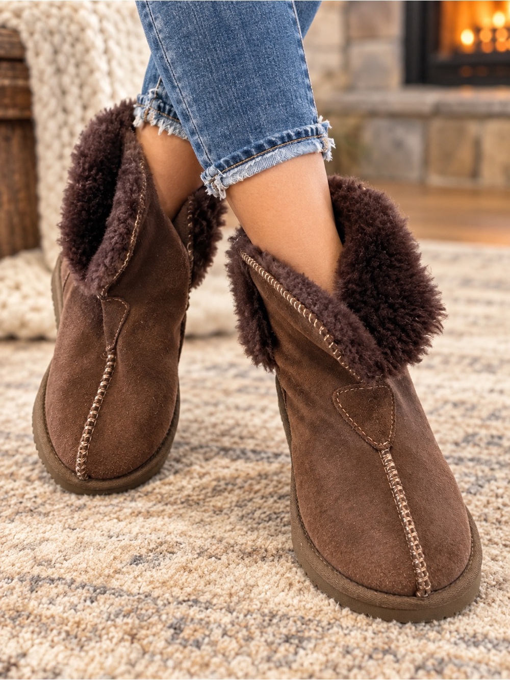 UGG Brown Suede Shearling Cuff Slip-On Boots